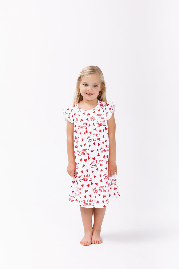 He First Loved Us Red PJ Girls Nightgown Polyester
