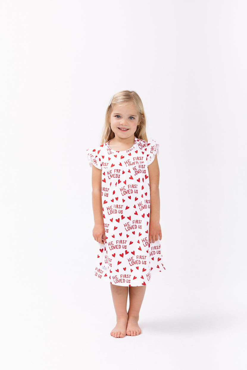 He First Loved Us Red PJ Girls Nightgown Polyester