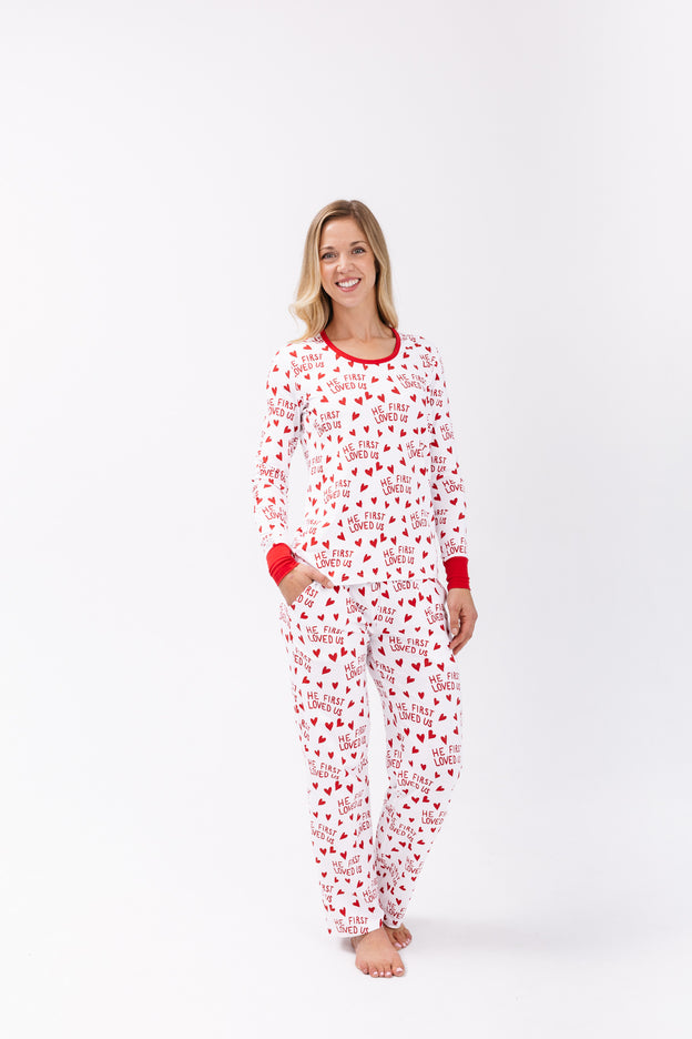 He First Loved Us Red Women's PJ Relaxed Set Cotton