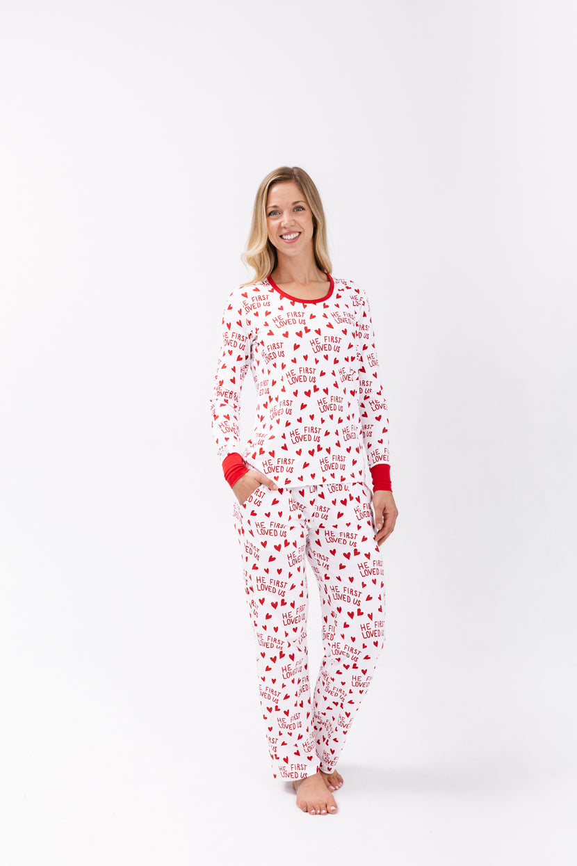 He First Loved Us Red Women's PJ Relaxed Set Cotton
