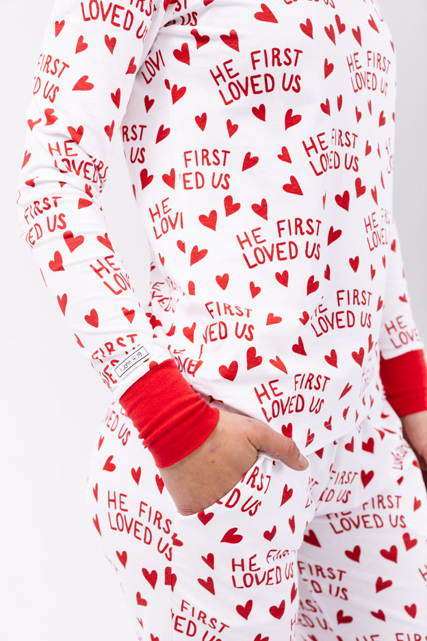 He First Loved Us Red Women's PJ Relaxed Set Cotton