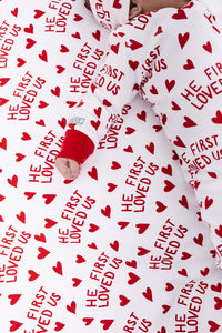 He First Loved Us Red PJ Footed Onesie Cotton