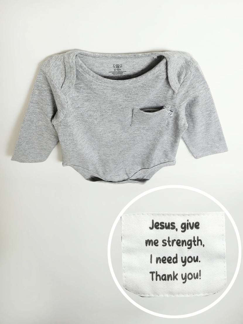 Baby Heather Gray Prayer Pocket Bodysuit | Long Sleeve