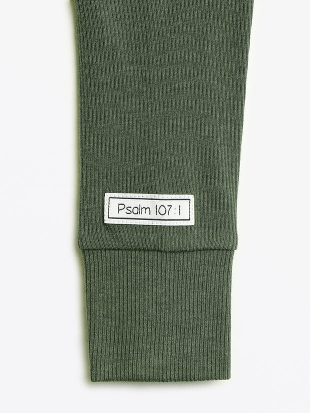 Solid Olive PJ Footed Onesie Ribbed Cotton-Bamboo Blend