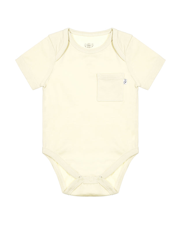 Baby Solid Beige Prayer Pocket Bodysuit Cotton | Short Sleeve