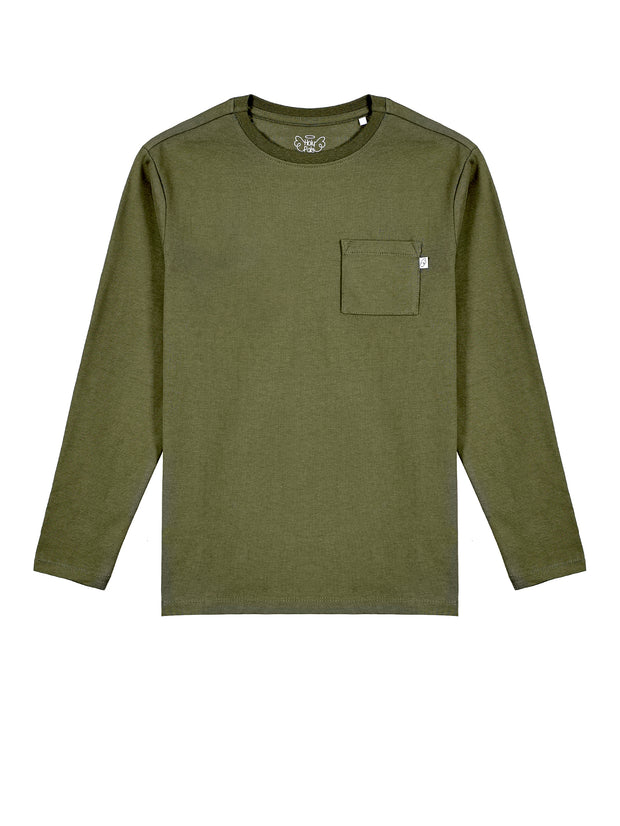 Kids Solid Olive Prayer Pocket T-Shirt Cotton | Long Sleeve