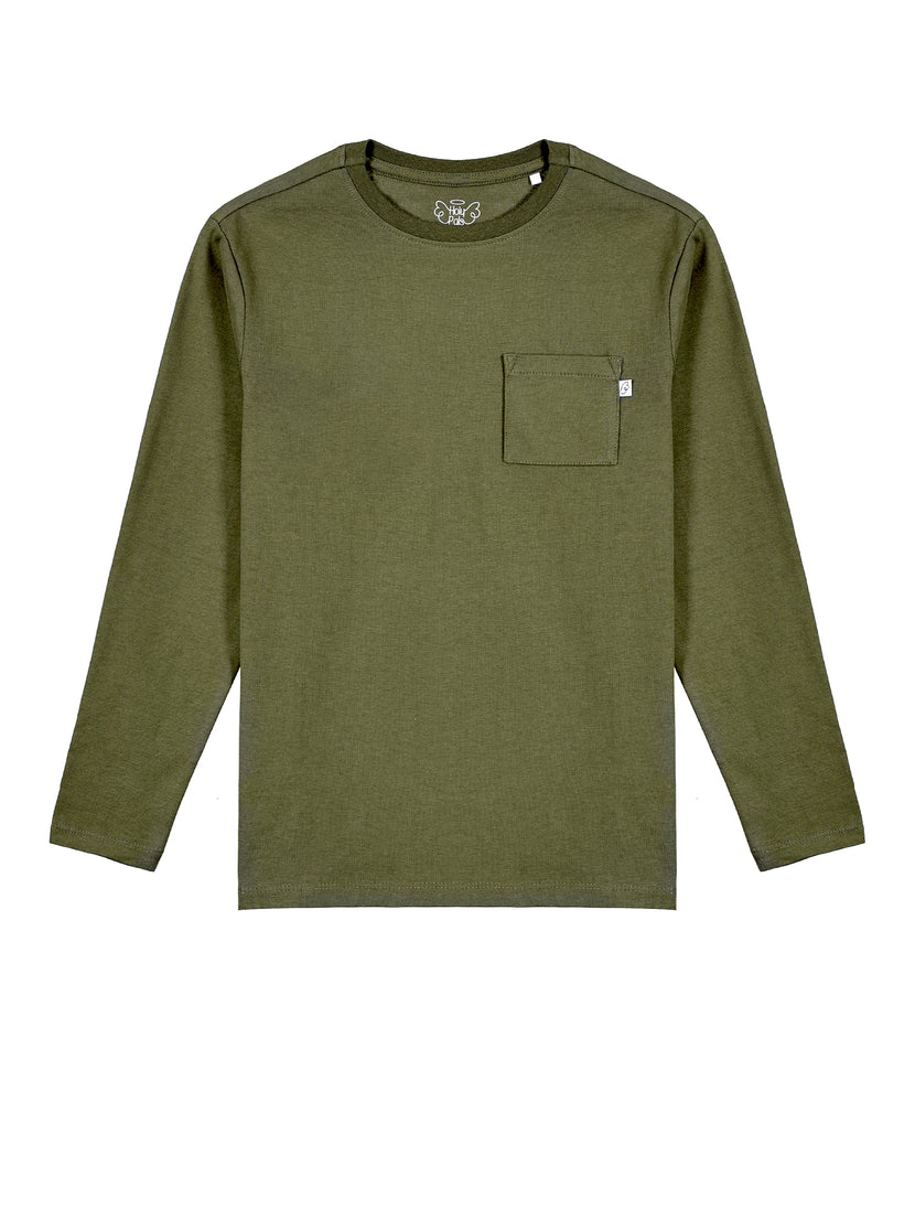 Kids Solid Olive Prayer Pocket T-Shirt Cotton | Long Sleeve