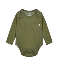 Baby Solid Olive Prayer Pocket Bodysuit Cotton | Long Sleeve