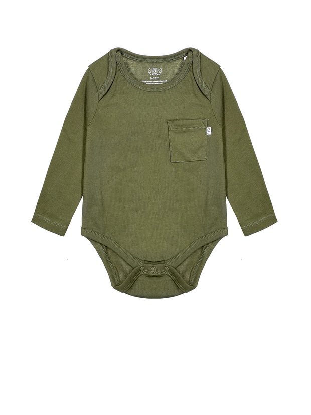 Baby Solid Olive Prayer Pocket Bodysuit Cotton | Long Sleeve