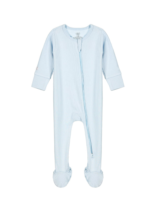 God's Got My Back Blue PJ Footed Onesie Ribbed Cotton-Bamboo Blend