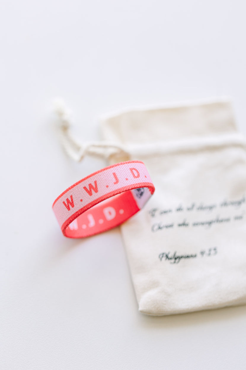 WWJD Coral Reversible Elastic Fabric Bracelet
