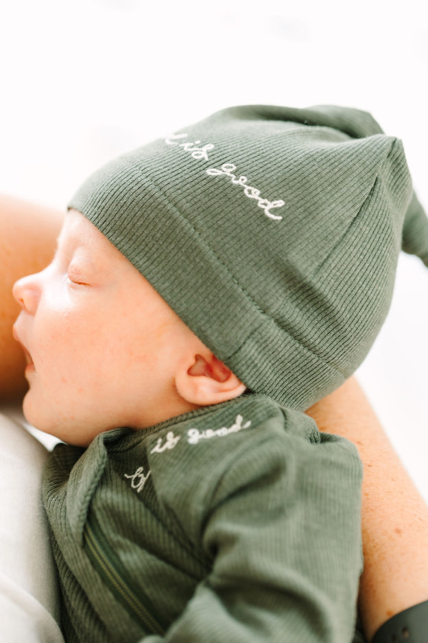 Solid Olive Knotted Hat Ribbed Cotton-Bamboo Blend