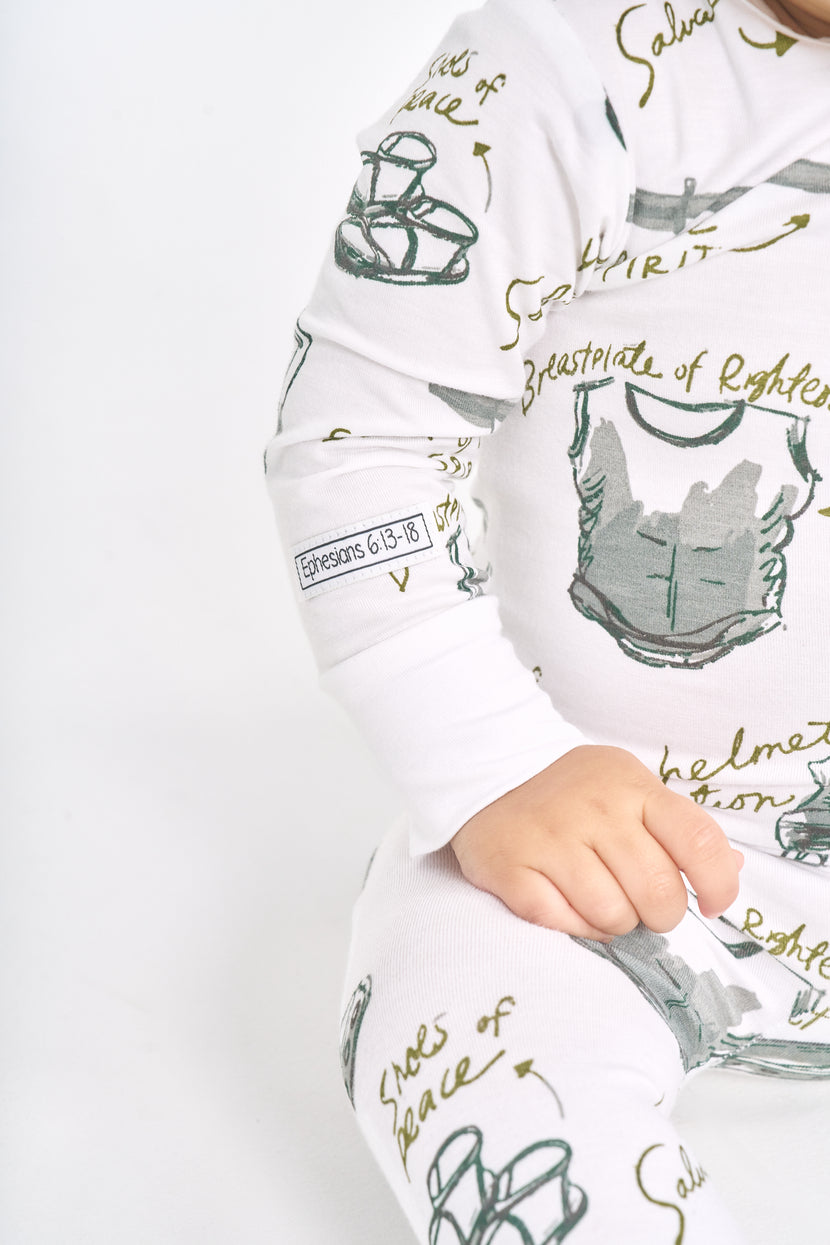 Armor of God White PJ Footed Onesie Bamboo