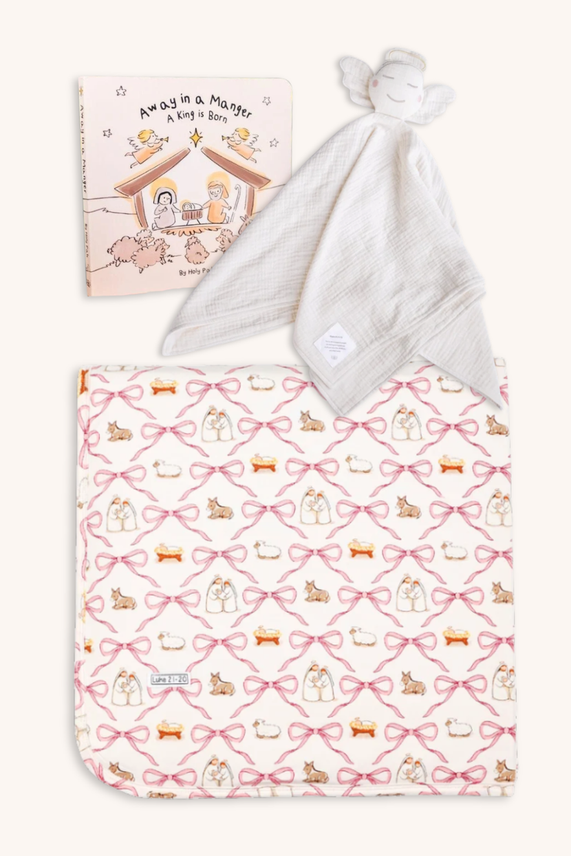 Baby Girl Stocking Stuffer Bundle - Board Book, Angel Lovey and Baby Blanket