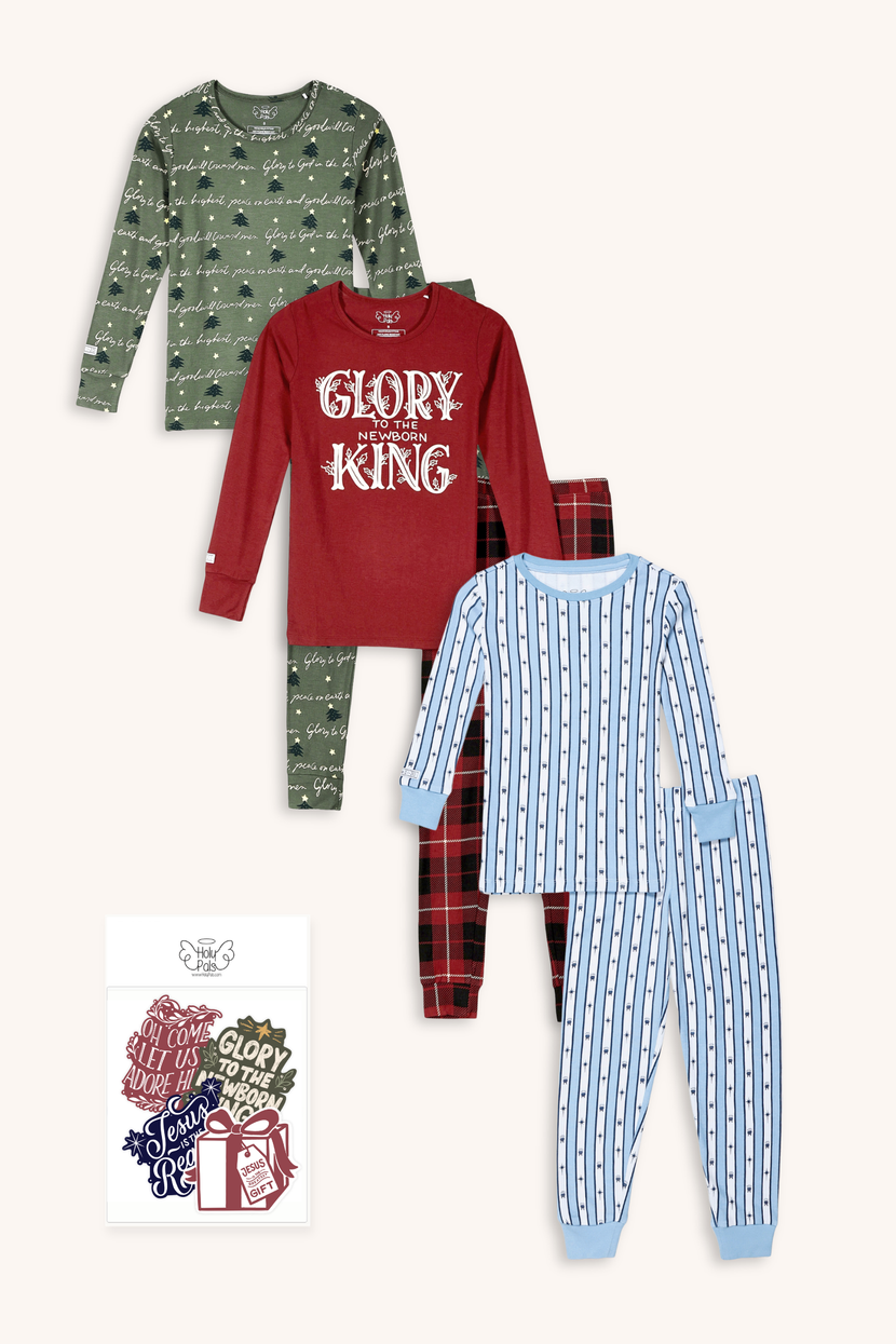 Boys Christmas PJ Bundle | Long Sleeve Cotton & Bamboo Sets + Waterproof Vinyl Stickers