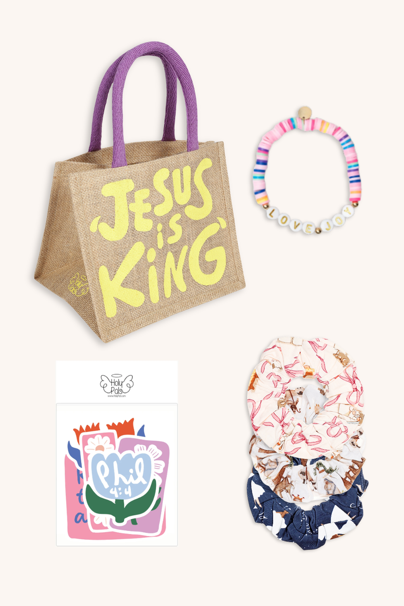 Girls Stocking Stuffer Bundle - Mini Tote, Bracelet, Srunchies & Stickers