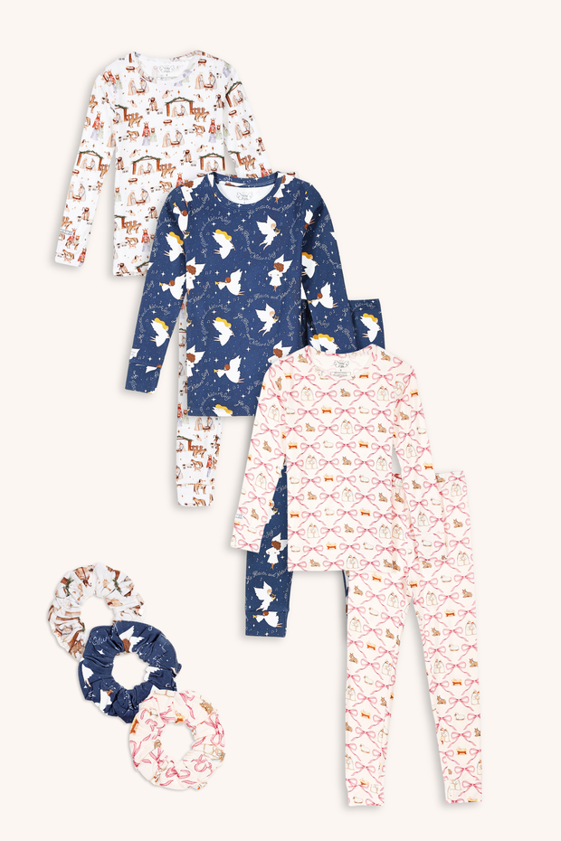 Girls Christmas PJ Bundle | Long Sleeve Cotton & Bamboo Sets + Scrunchies