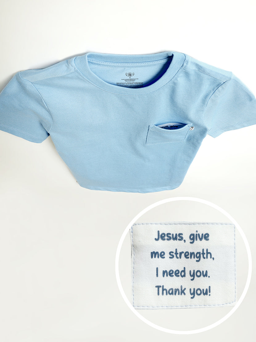 Kids Blue Prayer Pocket T-Shirt | Short Sleeve