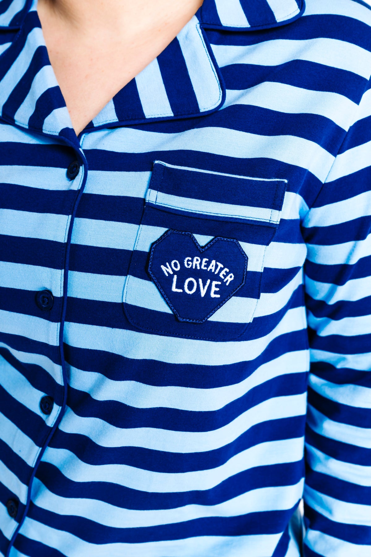 No Greater Love Blue Womens PJ Notch Collar Set Cotton