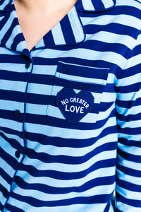 No Greater Love Blue Womens PJ Notch Collar Set Cotton