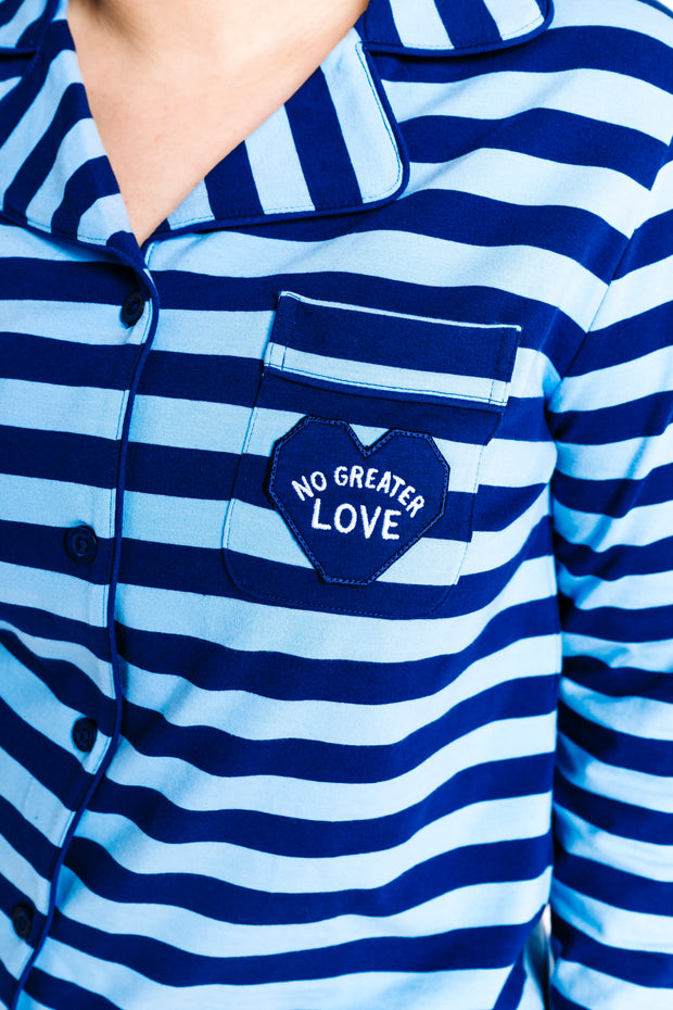 No Greater Love Blue Womens PJ Notch Collar Set Cotton
