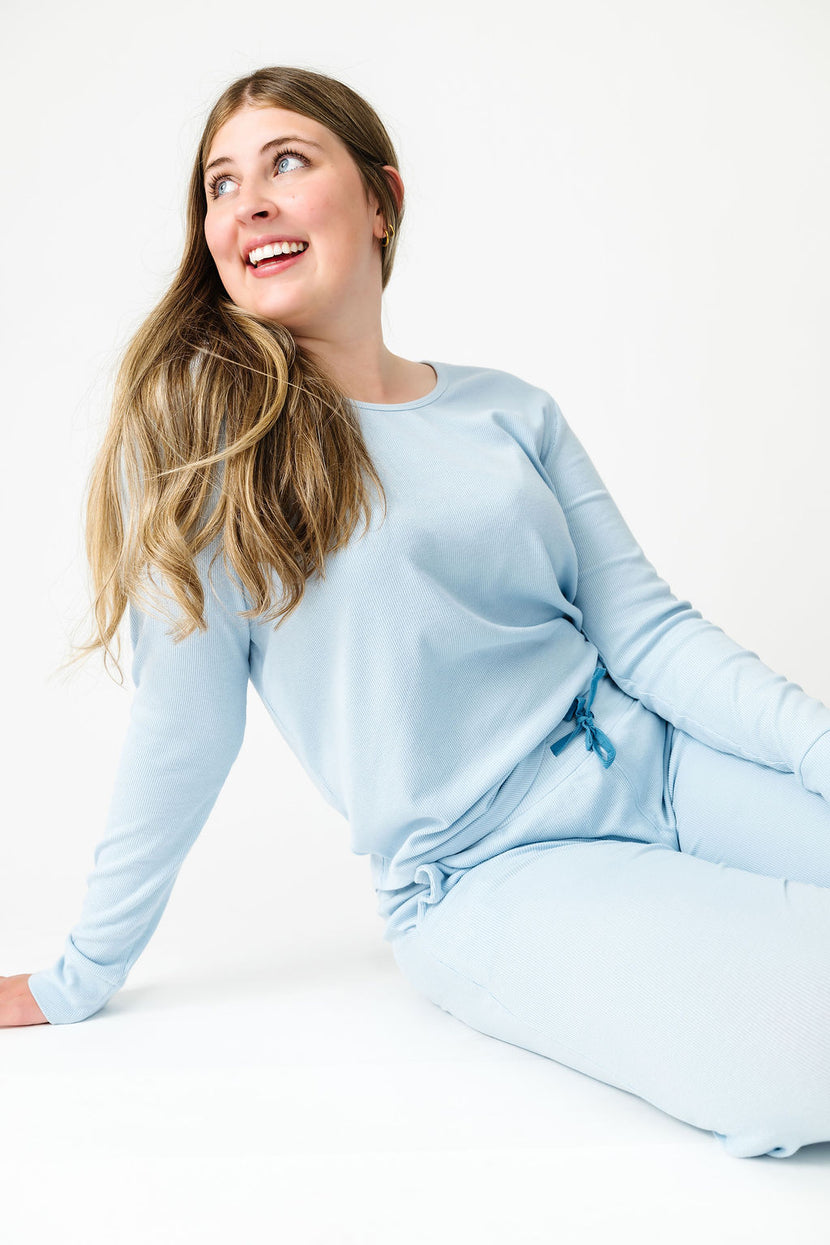 God's Got My Back Blue PJ Womens Long Sleeve Set Ribbed Cotton-Bamboo Blend