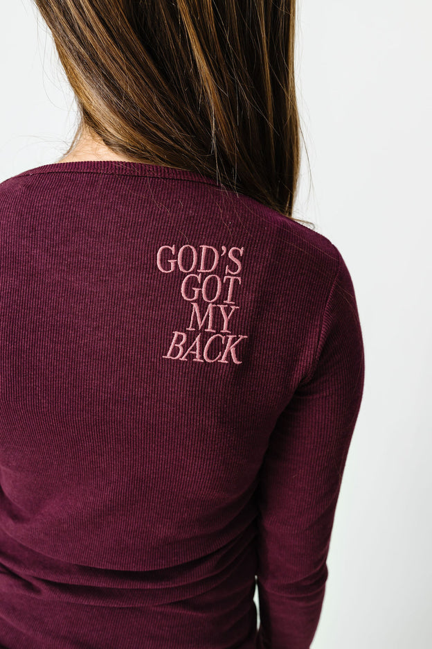 God's Got My Back Fig PJ Long Sleeve Set Ribbed Cotton-Bamboo Blend