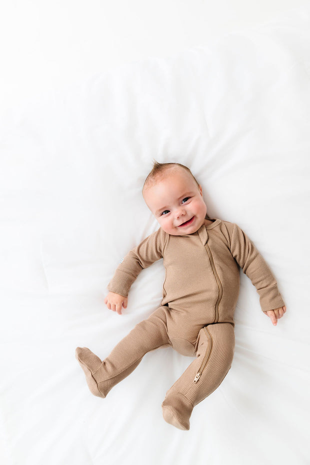 God's Got My Back Beige PJ Footed Onesie Ribbed Cotton-Bamboo Blend
