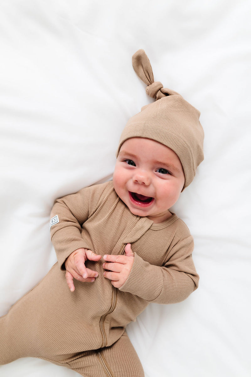 God's Got Your Back Beige Knotted Hat Ribbed Cotton-Bamboo Blend