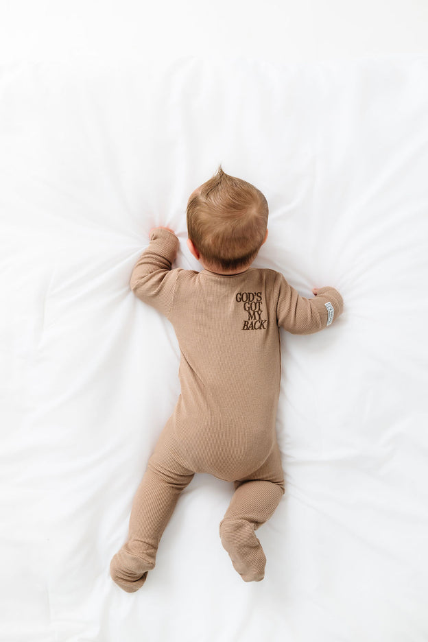 God's Got My Back Beige PJ Footed Onesie Ribbed Cotton-Bamboo Blend