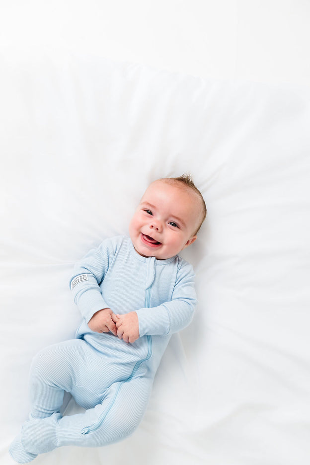 God's Got My Back Blue PJ Footed Onesie Ribbed Cotton-Bamboo Blend