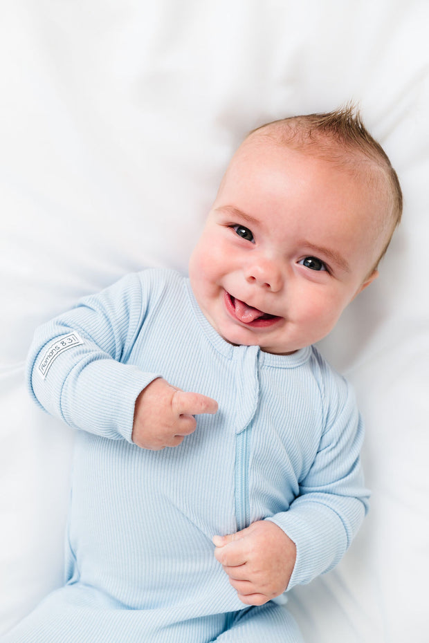 God's Got My Back Blue PJ Footed Onesie Ribbed Cotton-Bamboo Blend