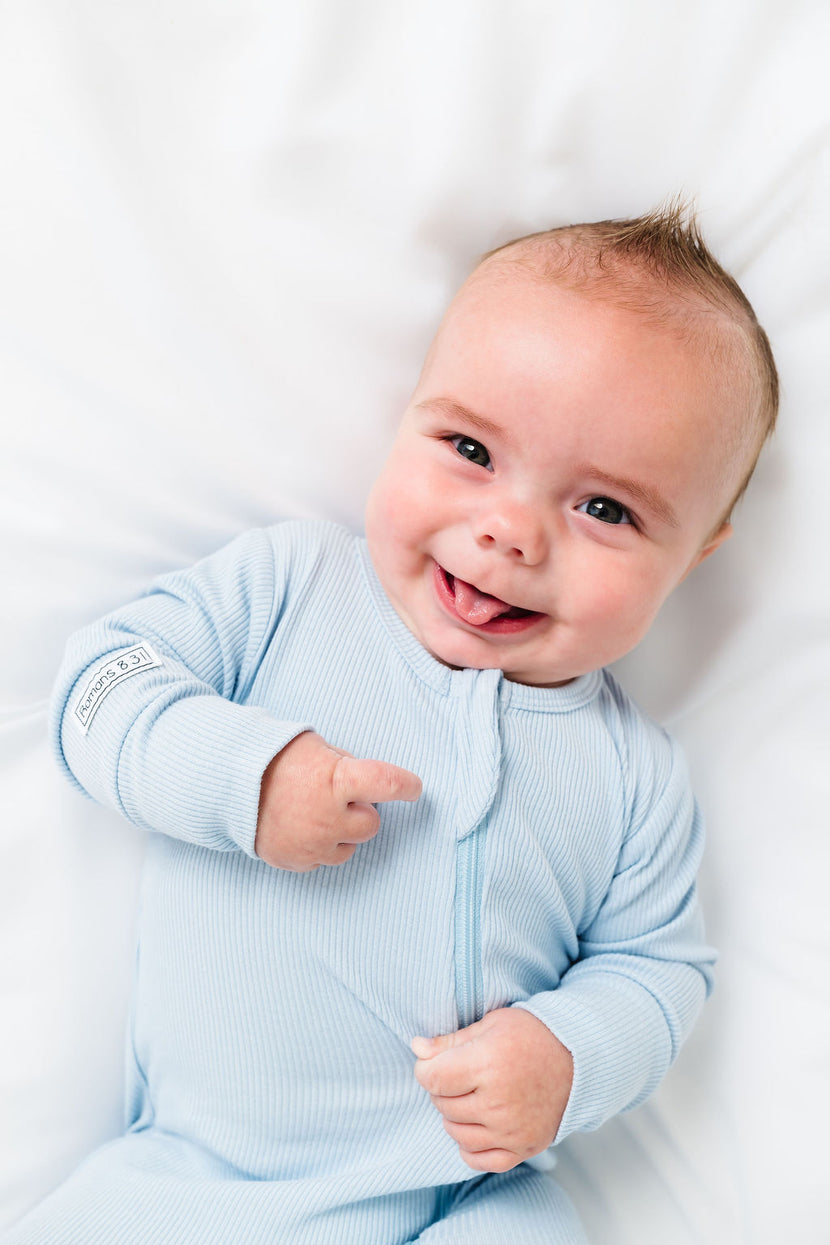 God's Got My Back Blue PJ Footed Onesie Ribbed Cotton-Bamboo Blend