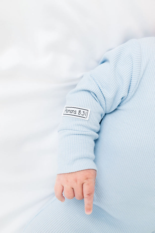 God's Got My Back Blue PJ Footless Onesie Ribbed Cotton-Bamboo Blend