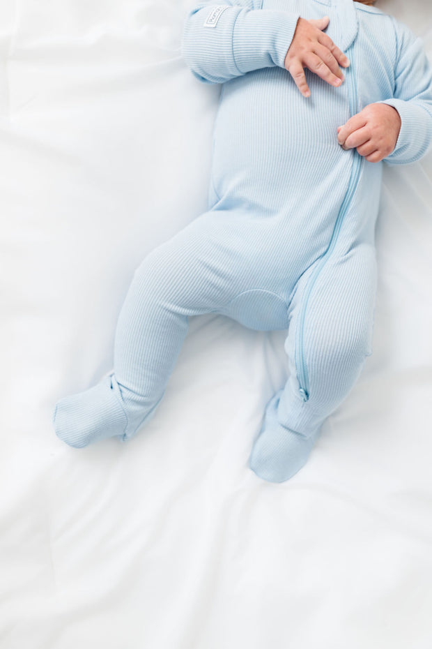 God's Got My Back Blue PJ Footed Onesie Ribbed Cotton-Bamboo Blend