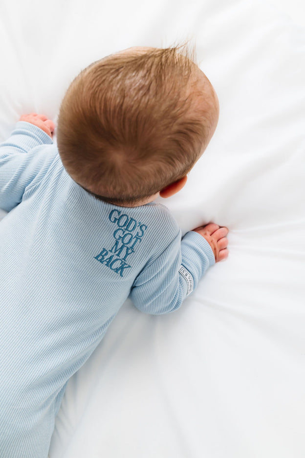 God's Got My Back Blue PJ Footed Onesie Ribbed Cotton-Bamboo Blend