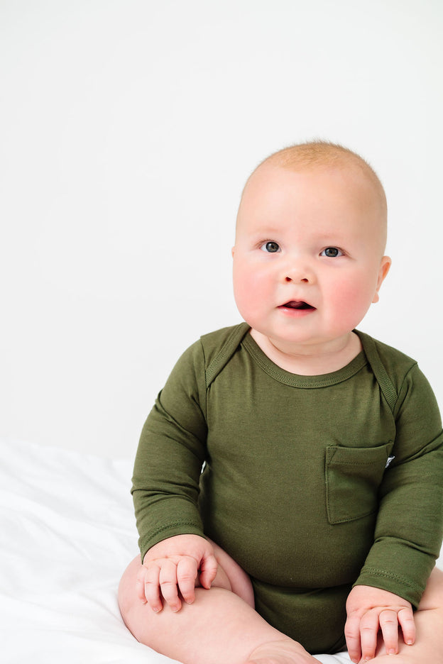 Baby Solid Olive Prayer Pocket Bodysuit Cotton | Long Sleeve
