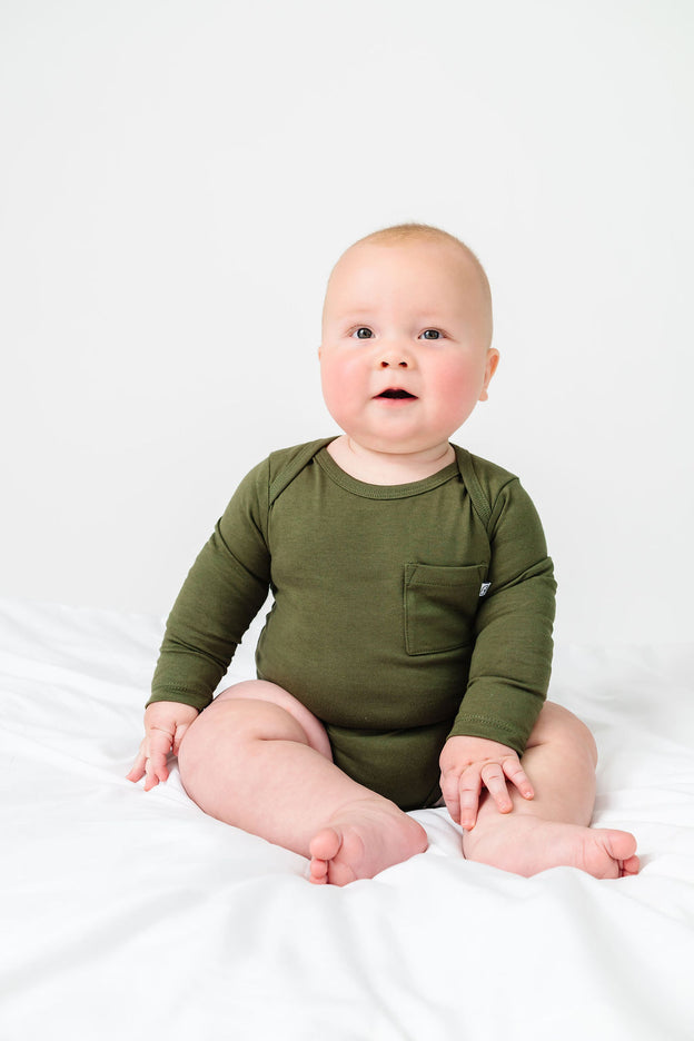 Baby Solid Olive Prayer Pocket Bodysuit Cotton | Long Sleeve