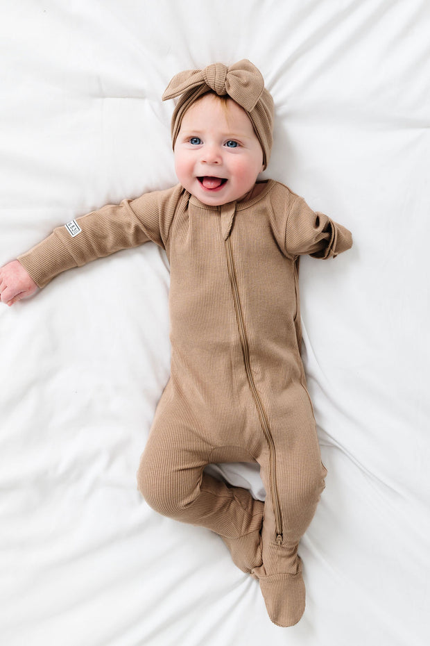 God's Got My Back Beige PJ Footed Onesie Ribbed Cotton-Bamboo Blend