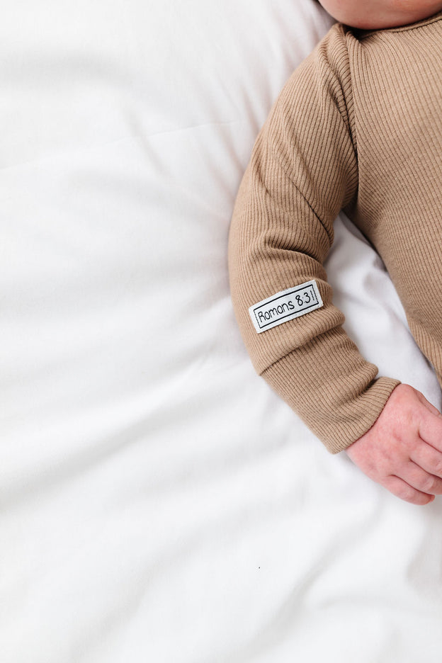 God's Got My Back Beige PJ Footless Onesie Ribbed Cotton-Bamboo Blend