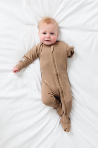 Gods Got My Back Beige PJ Footed Onesie Ribbed Cotton-Bamboo Blend
