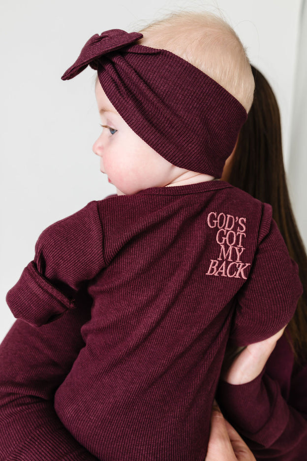 God's Got My Back Fig PJ Footless Onesie Ribbed Cotton-Bamboo Blend