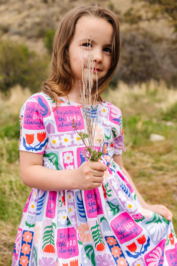 Kids Rejoice in the Lord Floral Twirl Dress Cotton | Short Sleeve
