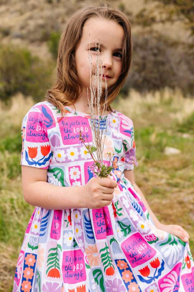 Kids Rejoice in the Lord Floral Twirl Dress Cotton | Short Sleeve