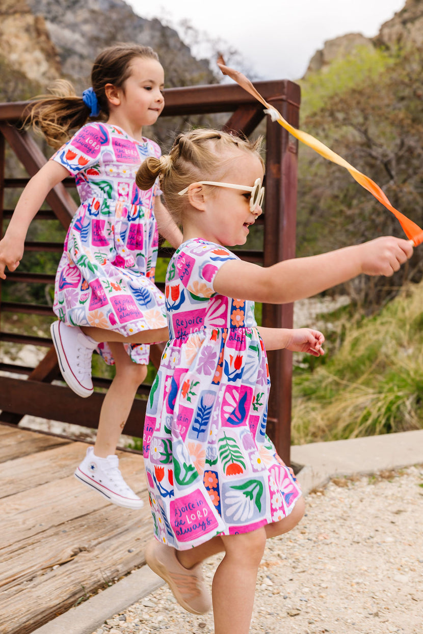 Kids Rejoice in the Lord Floral Twirl Dress Cotton | Short Sleeve