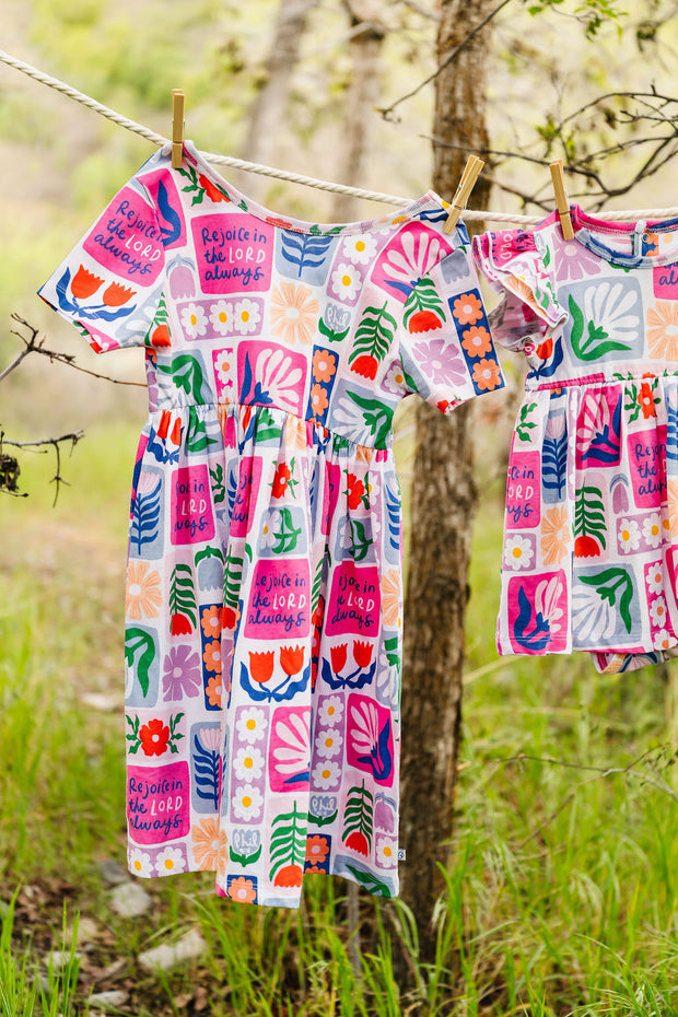 Kids Rejoice in the Lord Floral Twirl Dress Cotton | Short Sleeve