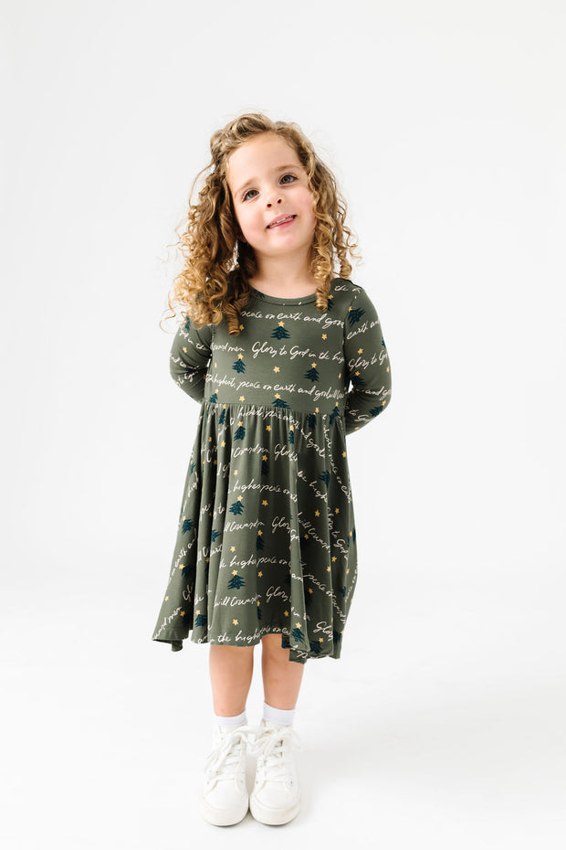 Kids Glory to God Olive Twirl Dress Bamboo | Long Sleeve
