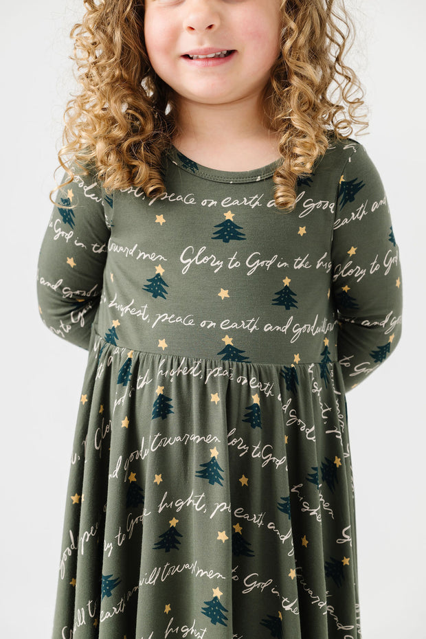 Kids Glory to God Olive Twirl Dress Bamboo | Long Sleeve