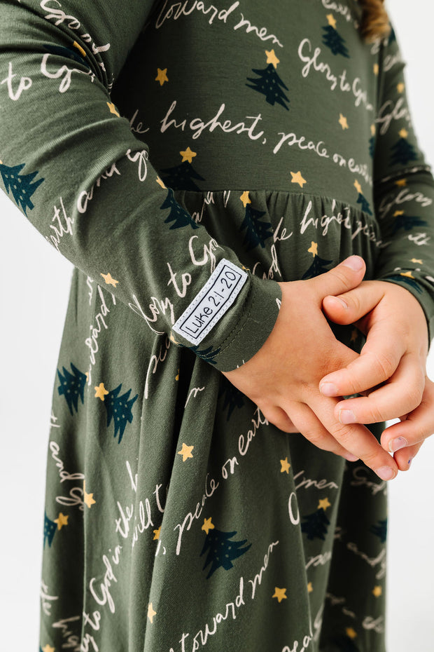 Kids Glory to God Olive Twirl Dress Bamboo | Long Sleeve