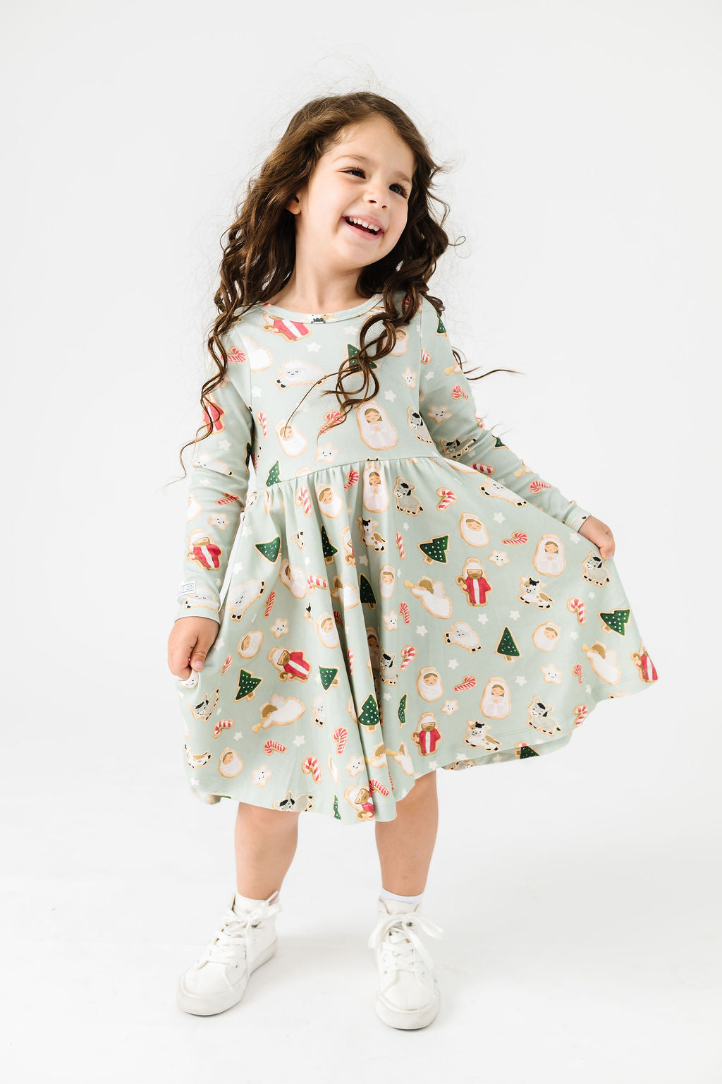 Kids Gingerbread Jesus Twirl Dress Cotton | Long Sleeve